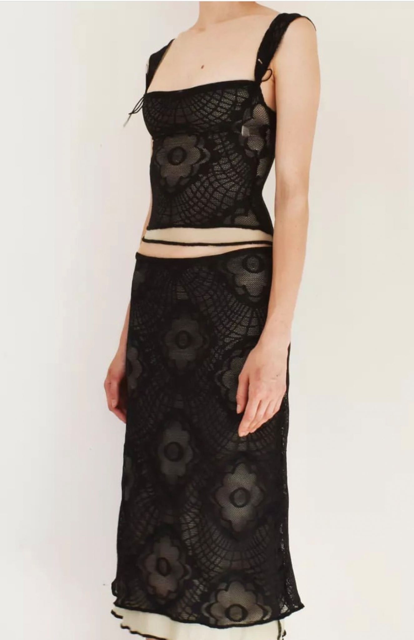 Black Lace Crochet - Double Layered Midi Skirt